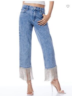 Alice + Olivia Light Blue Cropped Jeans with Rhinestone Fringe